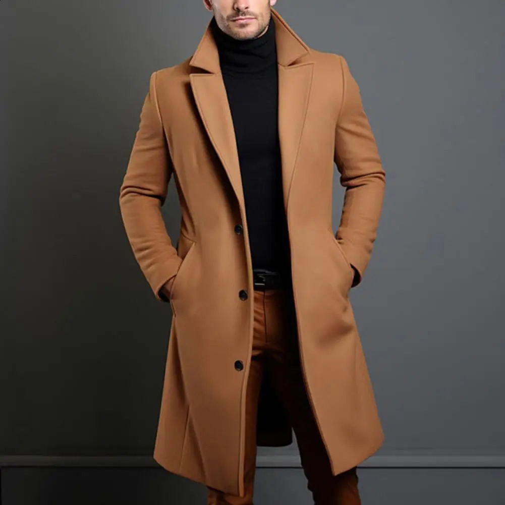 Men Woolen Coat Stylish Mens with Lapel Pockets for Autumn Winter Midlength Windbreaker Outwear Formal 240823 - view 3
