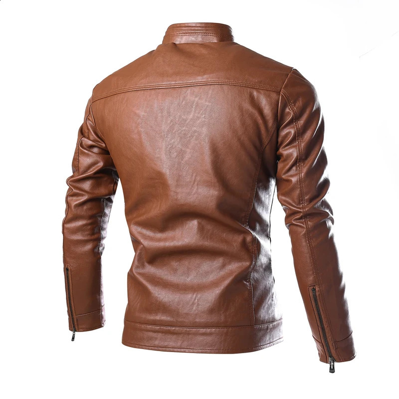 Fashion Mens Solid Color Leather Jacket High-quality PU leather stand-collar slim jacket Brown black 240822