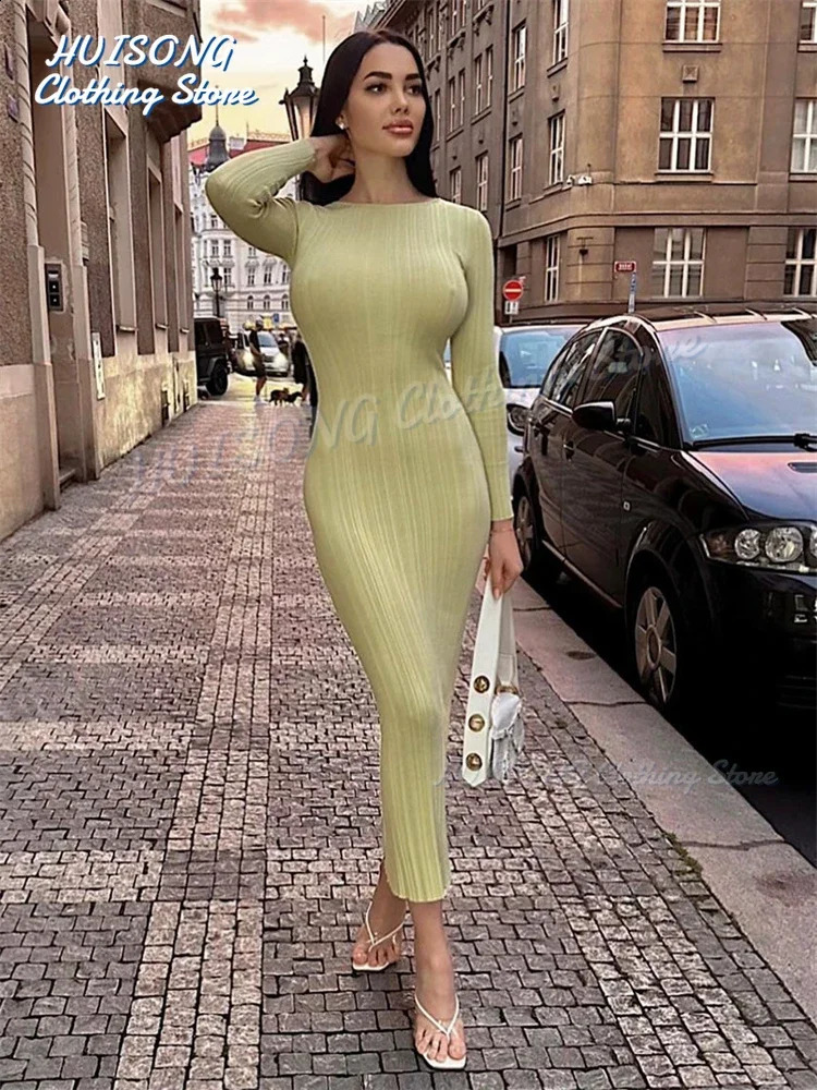 Autumn Long Sleeve Knitted Maxi Dress Women Elegant Sexy Pit Strip O-Neck Bodycon Evening Party Dresses Lady Casual Dress 240823