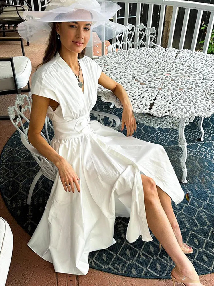 Women Elegant V Neck High Waist Belt Solid Maxi Dress Chic Flying Sleeves Split A Line Long Dresses Summer Lady Party Gown Robes 240822