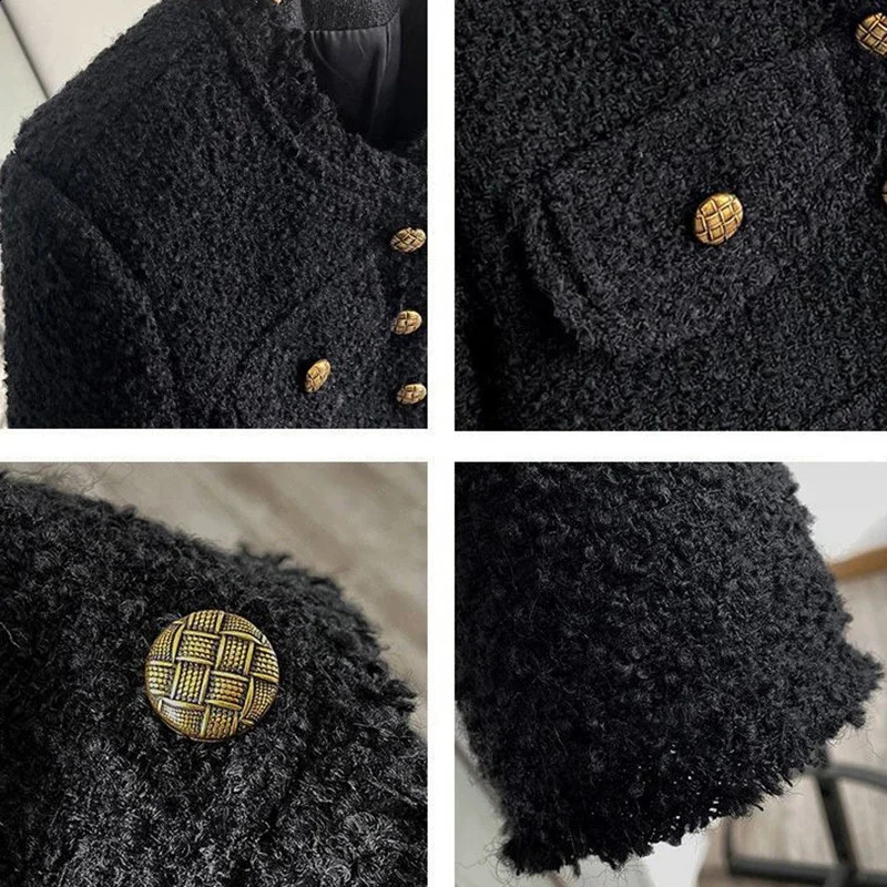 Fashion Cropped Tweed Jacket Women Round Neck Single-breasted Korean Style Jackets Woman Autumn Winter Long Sleeve Coat Women 240823