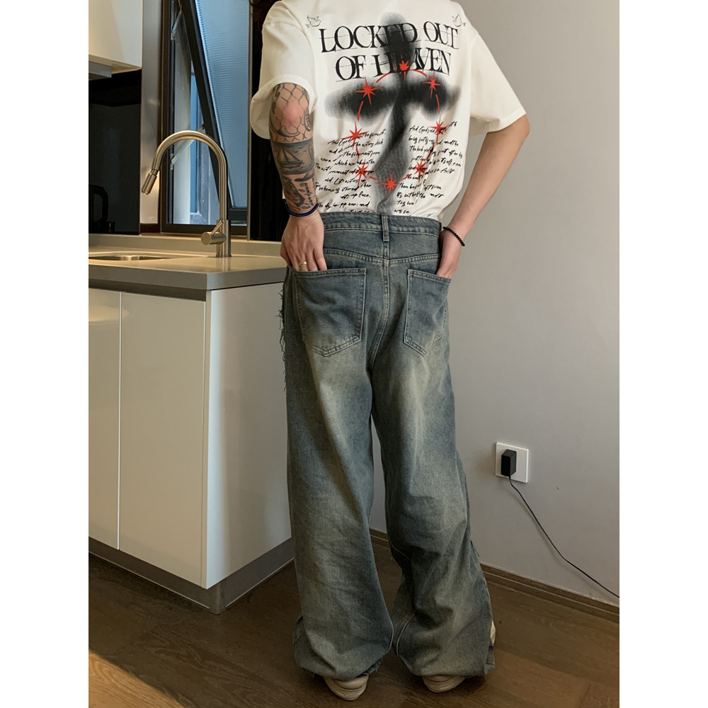 Fashionable Double Waisted Pants with Large Pant Legs Loose Jeans for Men in Summer New Embroidered Casual Versatile Denim Pants Trendy