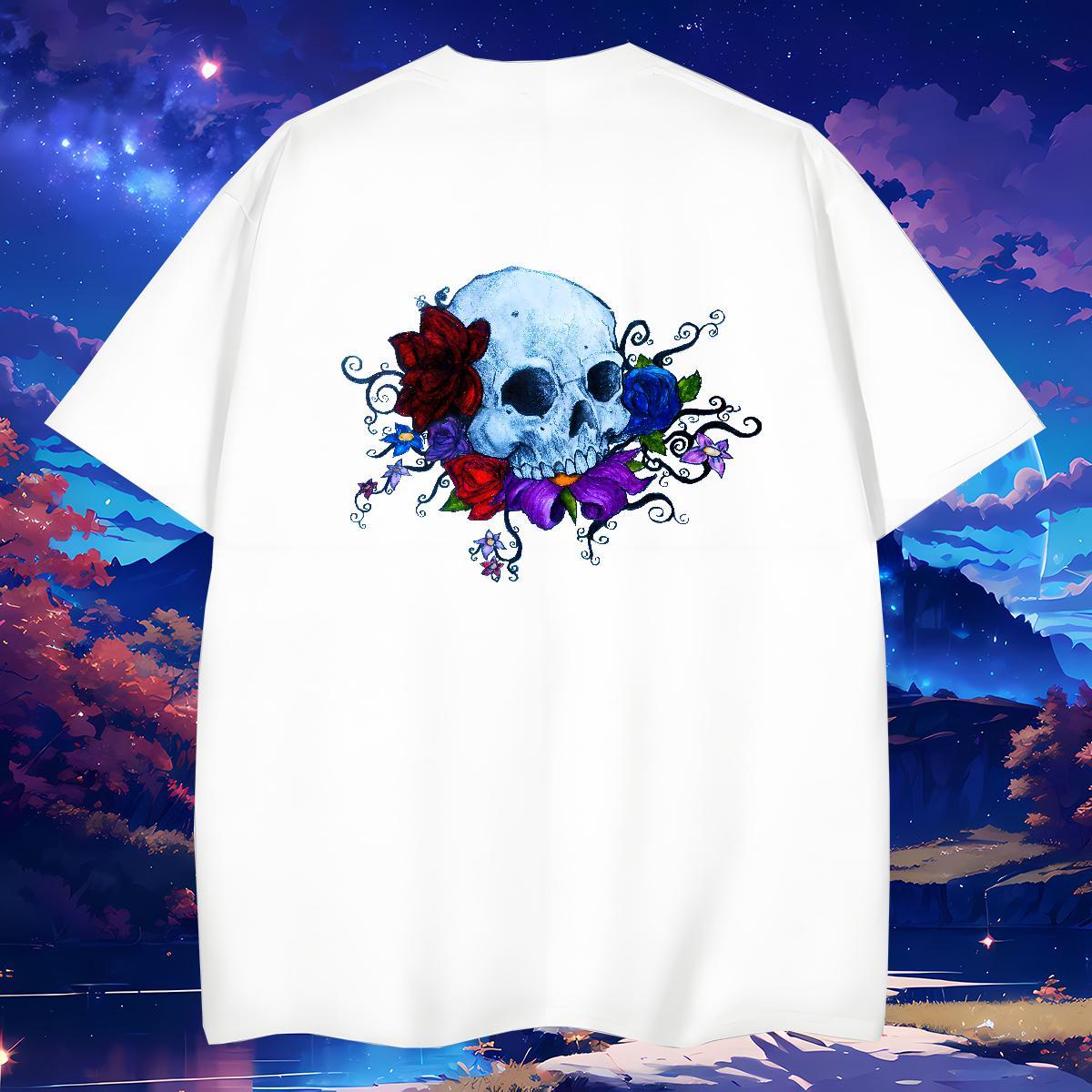 Loose Fit T-Shirts for Men 230g Cotton skull Hip Hop Street Custom Cartoon Round Neck Short Sleeve Men Clothes T-Shirt DIY Tops Tees