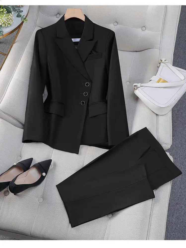 Trend 2024 Spring/Summer New Solid Elegant Irregular Jacket and High Waist Wide Leg Pants Two Piece Womens Office Set 240823