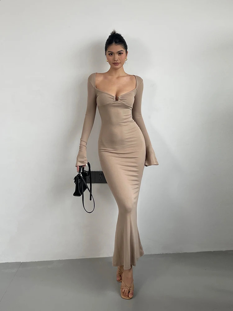 Sexy V-neck Flare Sleeves Dress Elegant For Womens Spring High Waist Slim Split Fish Tail Wrap Hip Long Dress Sweet G7LZ 240823