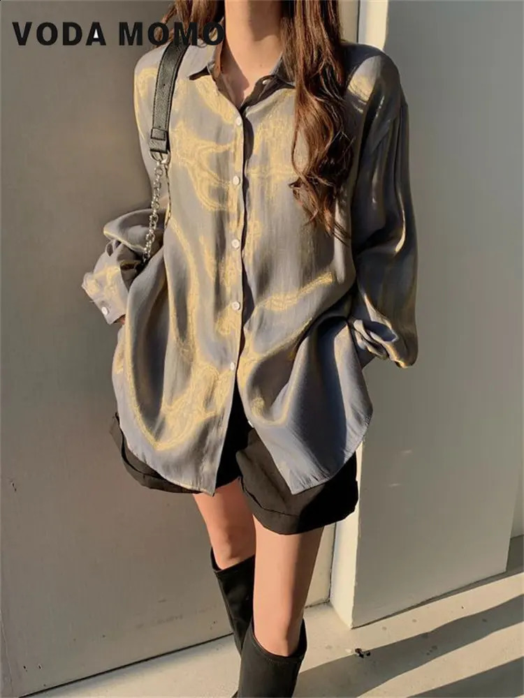 Spring Summer Korean Elegant Women ShinyBlouses Tops Long Sleeved Silk Shirts Gradient Shirts Loose Glossy Shirts Languid Wind 240823