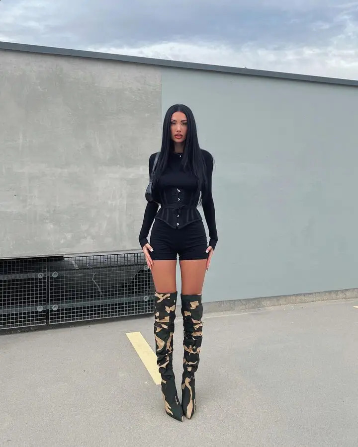 Fashionable printed camouflage sexy knee high boots thin high heels womens long toe motorcycle boots womens 240823
