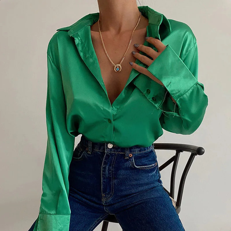 Elegant retro silk shirt office womens long sleeved blue satin autumn green casual loose top 22717 w240824