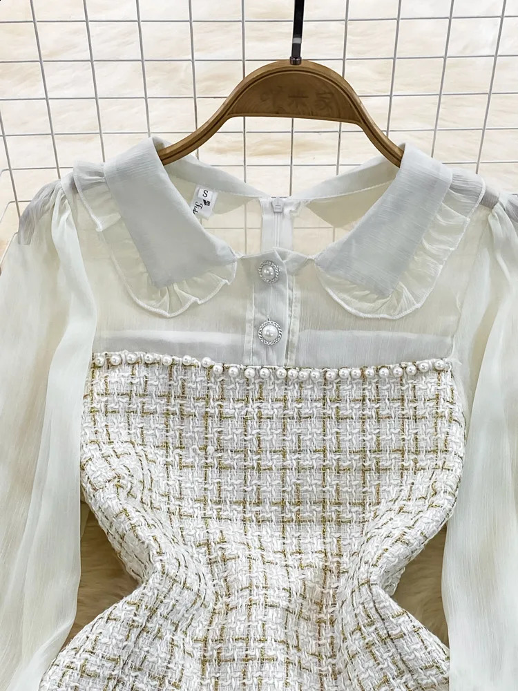 Korean Fashion Women Woolen Tweed Dress Autumn Winter Plaid Tweed Patchwork Chiffon Long Sleeve A Line Elegant Short Dress 240823