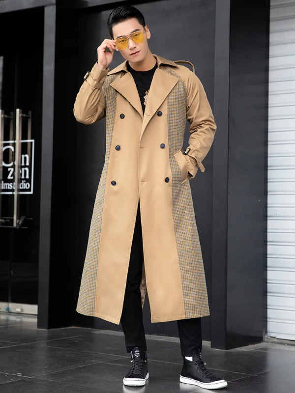 Autumn Winter Men Trench Plaid Patchwork n Coat Smart Casual British Style Double Breasted Outwear Turn-down Collar 240822