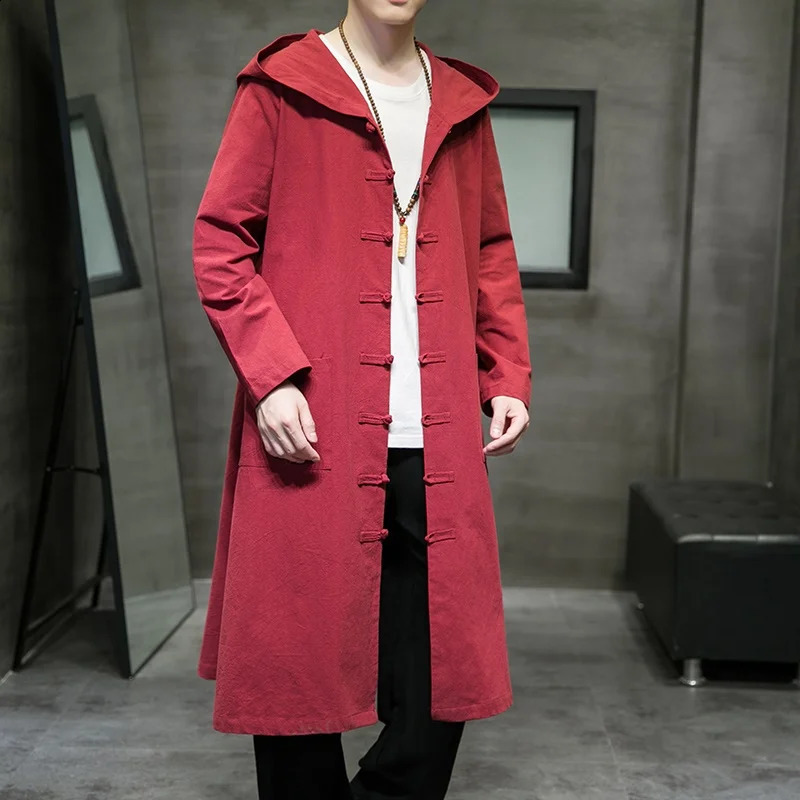Fashion Men Hooded Sweatshirts Black Hip Hop Cotton Linen Hoodies Vintage Long Sleeve Cloak Trench Coats Outwear KK3774 240822
