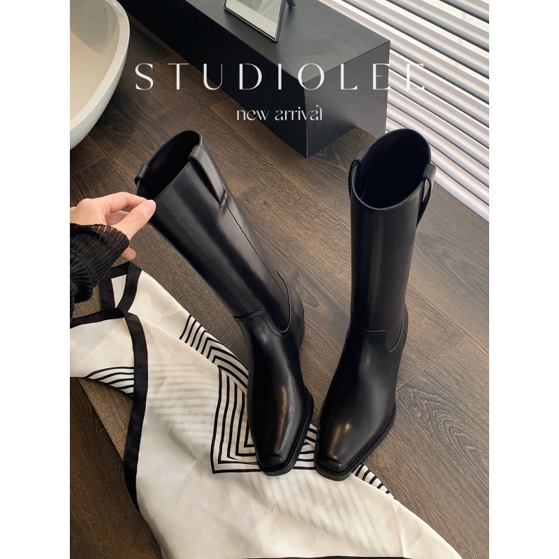 Ddmysports Cowhide Version Of Grape Mom Same Style With Small Square Toe Thick Heel Midsole Not Over The Knee Knight Boots Women S Autumn And Winter C