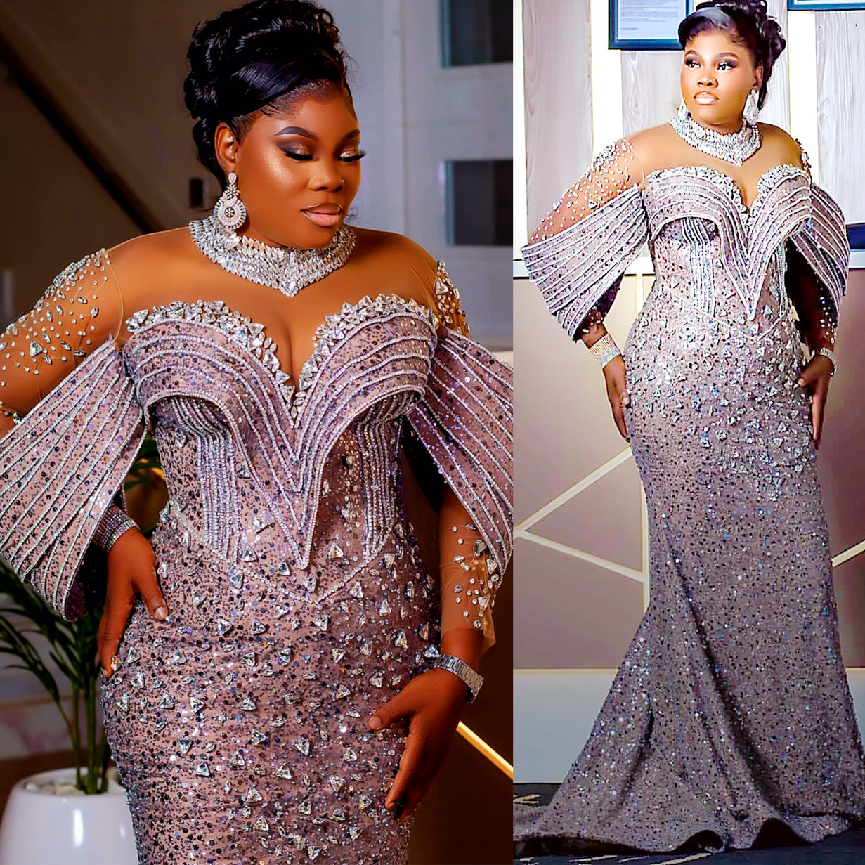African Aso Ebi 2024 Silver Mermaid Prom Dress Illusion Sequined Dresses For Special Occasions Rhinestones Evening Formal Party Birthday Second Engage