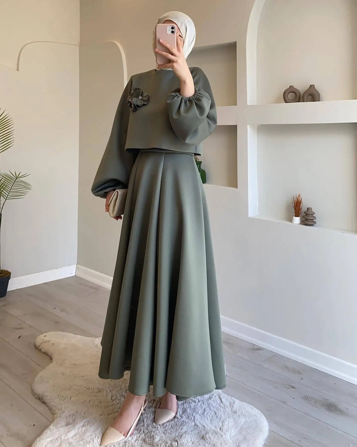 Fashion Floral Skirts Sets for Women Two-piece Set Women Lantern Sleeve Top A-line Skirt Elegant Lady Skirt 2 Pieces Sets 240823