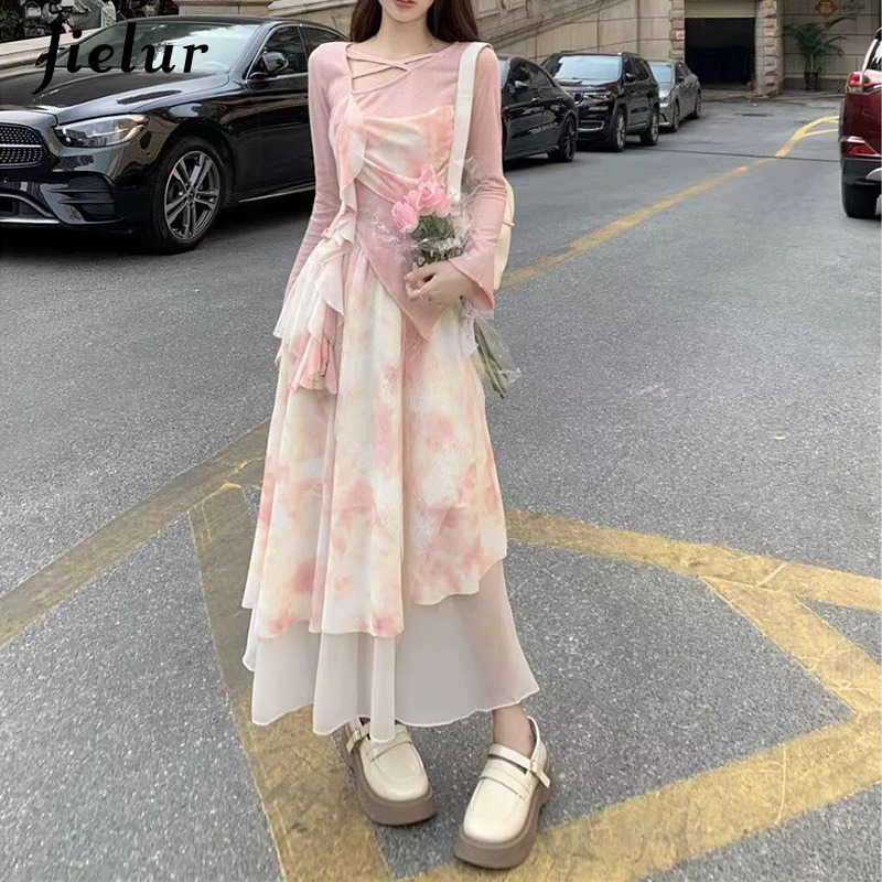 Jielur Spring Fashion Sweet Women Irregular Dress Retro Panel Long Sleeved Top Fragmented Flower Half Skirt Two Piece Set Dress 240823