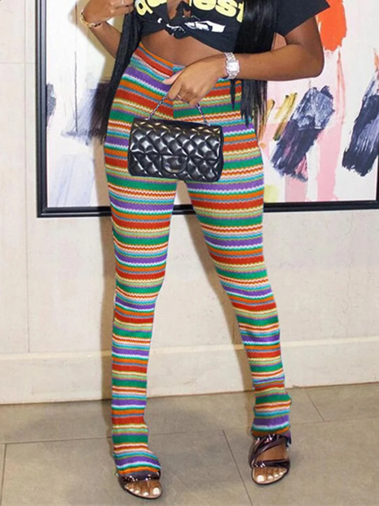 Weird Puss Colorful Striped Women Flare Pants Knitted Elastic Waist Skinny Summer Trendy Y2K Streetwear Daily Wild Bottoms 240823