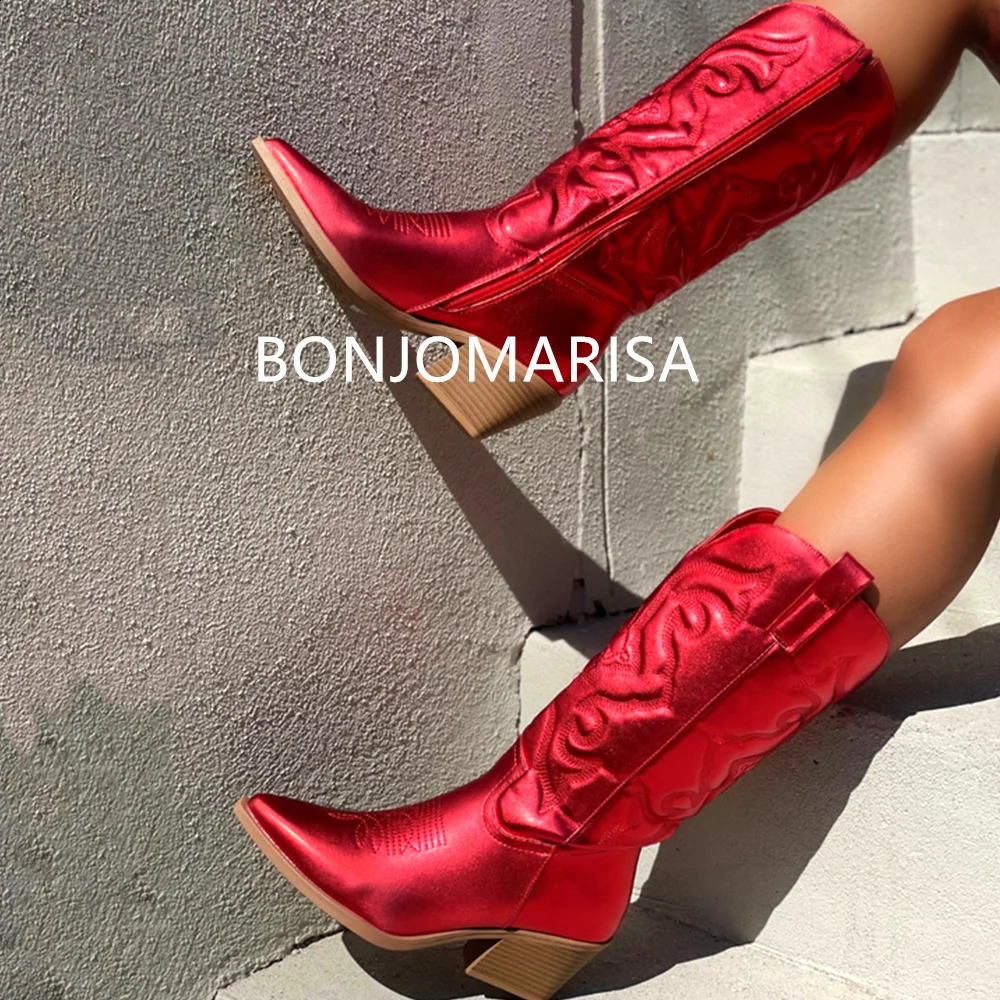 Silver metal denim boots for women Pointed Toe wide calf western boots zipper embroidery stacked high heels wedding spring shoes 240823