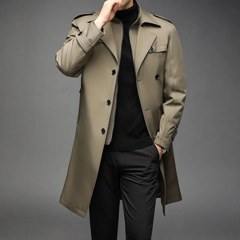 Trench Coat Men Long Liner Detachable Smart Casual Windbreakers Mens Long Jackets Solid Color Turn Down Collar Trench Coat 240822