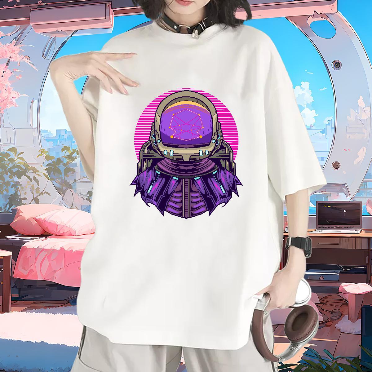 Wholesale Lady T shirt 230g Pure Cotton cosmonaut Sports Street Wear Women T Shirts Crew Neck Black Oversized Clothings