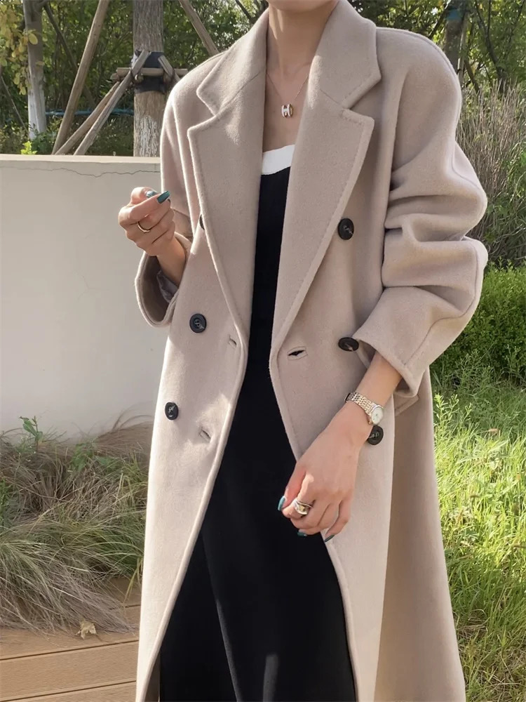 High-end Double-sided Cashmere Coat Women Mid-length Fashion Thick Double-breasted Long Sleeve Woolen Coat Fit Autumn Winter 240822
