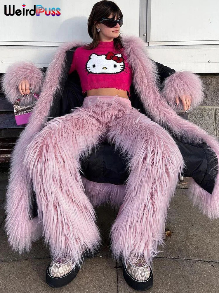 Weird Puss Furry Straight Pants Women Casual Winter Warm Casual Fashion Wild Streetwear Simple Solid Bottom Basic Long Trousers 240823