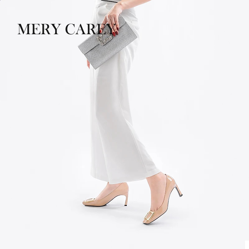 Genuine leather womens high heels 24 fashionable square toe shallow mouth metal buckle pump high-quality office black single shoes 240823
