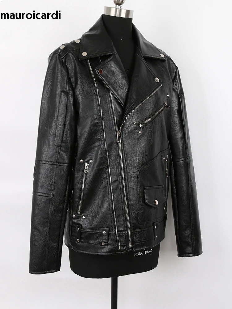 Mauroicardi Spring Autumn Black Pu Leather Biker Jacket for Men Style Long Sleeve Zipper Plus Size Fashion Men Clothing 5xl 240822