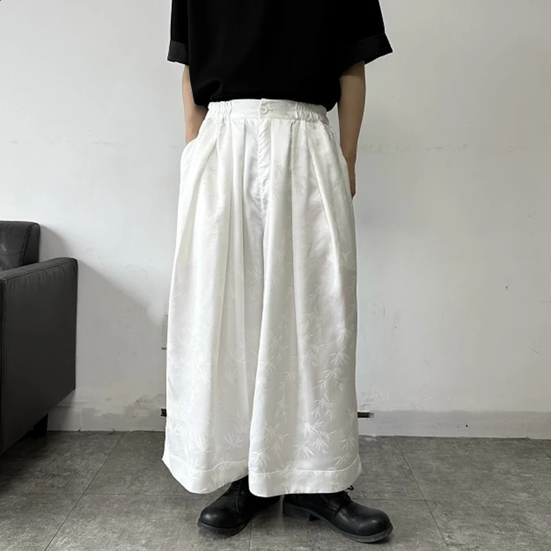 IEFB Chinese Style Mens Casual Pants Satin Jacquard Wide Leg Ankle-Length Pants Elastic Waist Summer Simple 9C6011 240822