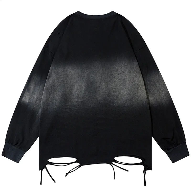 Vintage Oversized Shirts Grunge Y2K Ripped Hole Tie Dye Long Sleeve Tshirt with Chain Hip Hop Punk Gothic Cotton Washed T-Shirt 240823