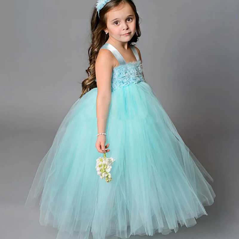 Baby girl Aqua Flower Tutu dress childrens crocheted chiffon dress ball dress headband childrens birthday party dress evening dress W240823