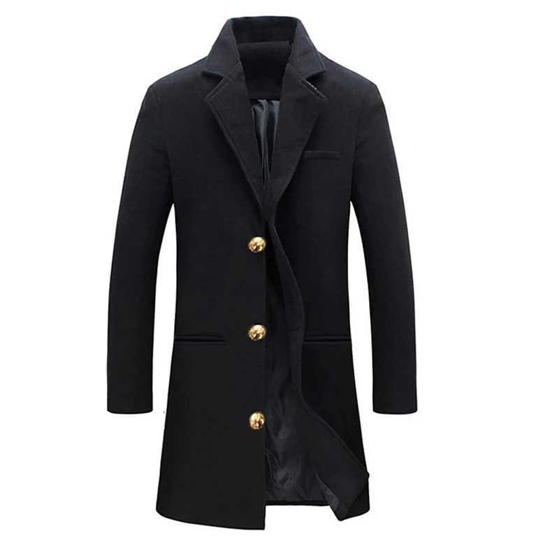New mens mid length woolen coat winter mens single breasted wool coat 2024 mens suit collar solid color office pocket jacketXJ240822