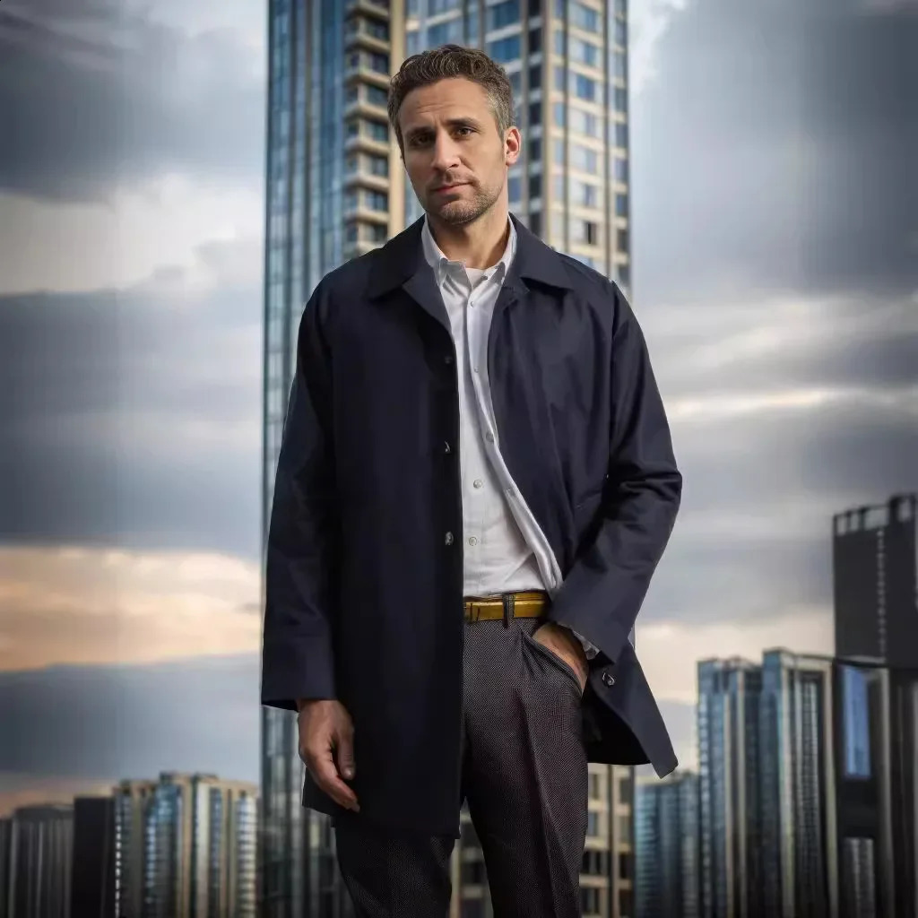 European and American Mens Solid Color Lapel Slim Fit Single-breasted Casual Windbreaker Coat for Spring and Autumn 240822