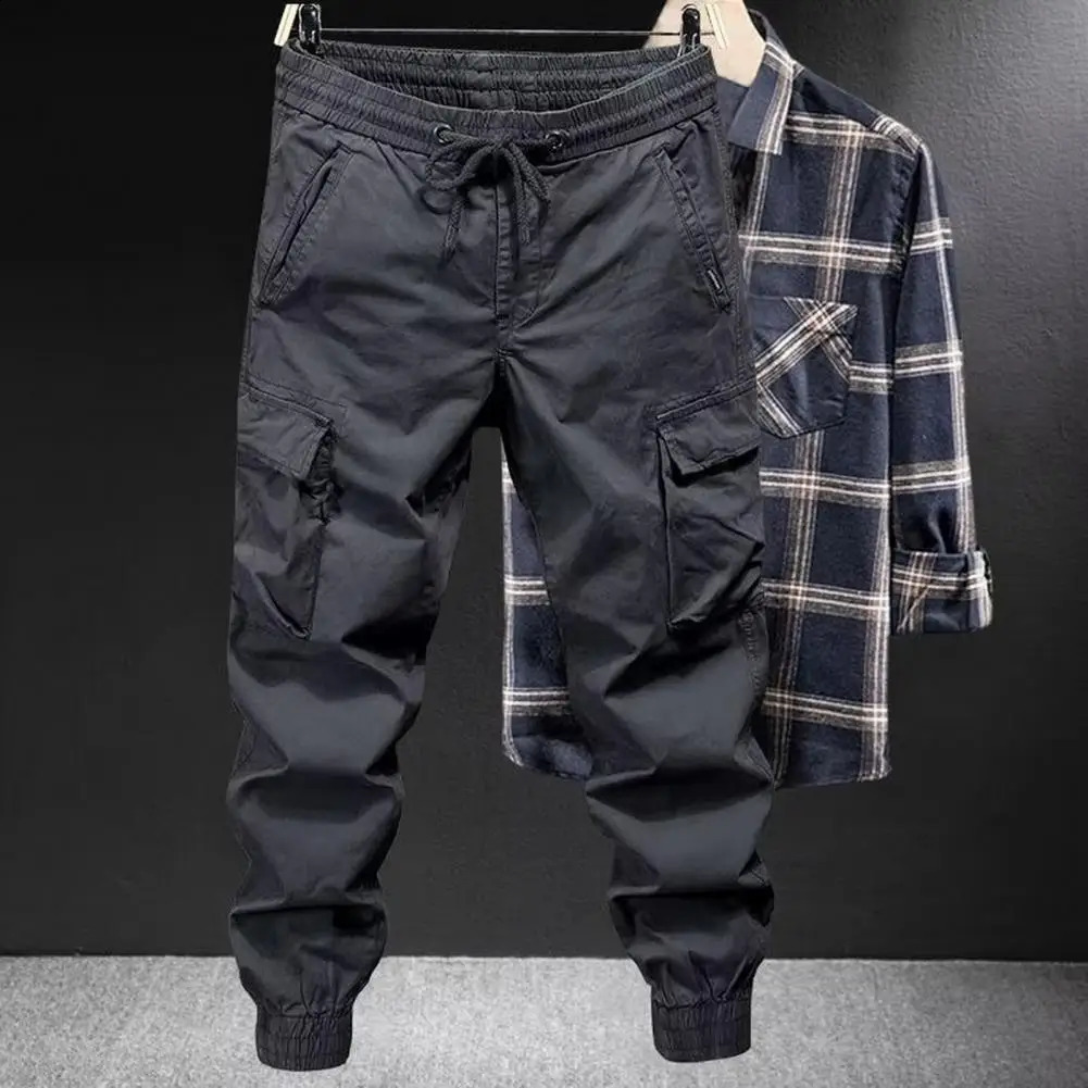 Elastic waistband pants breathable mens drawstring cargo elastic waist multiple pockets daily ankle strap 240823