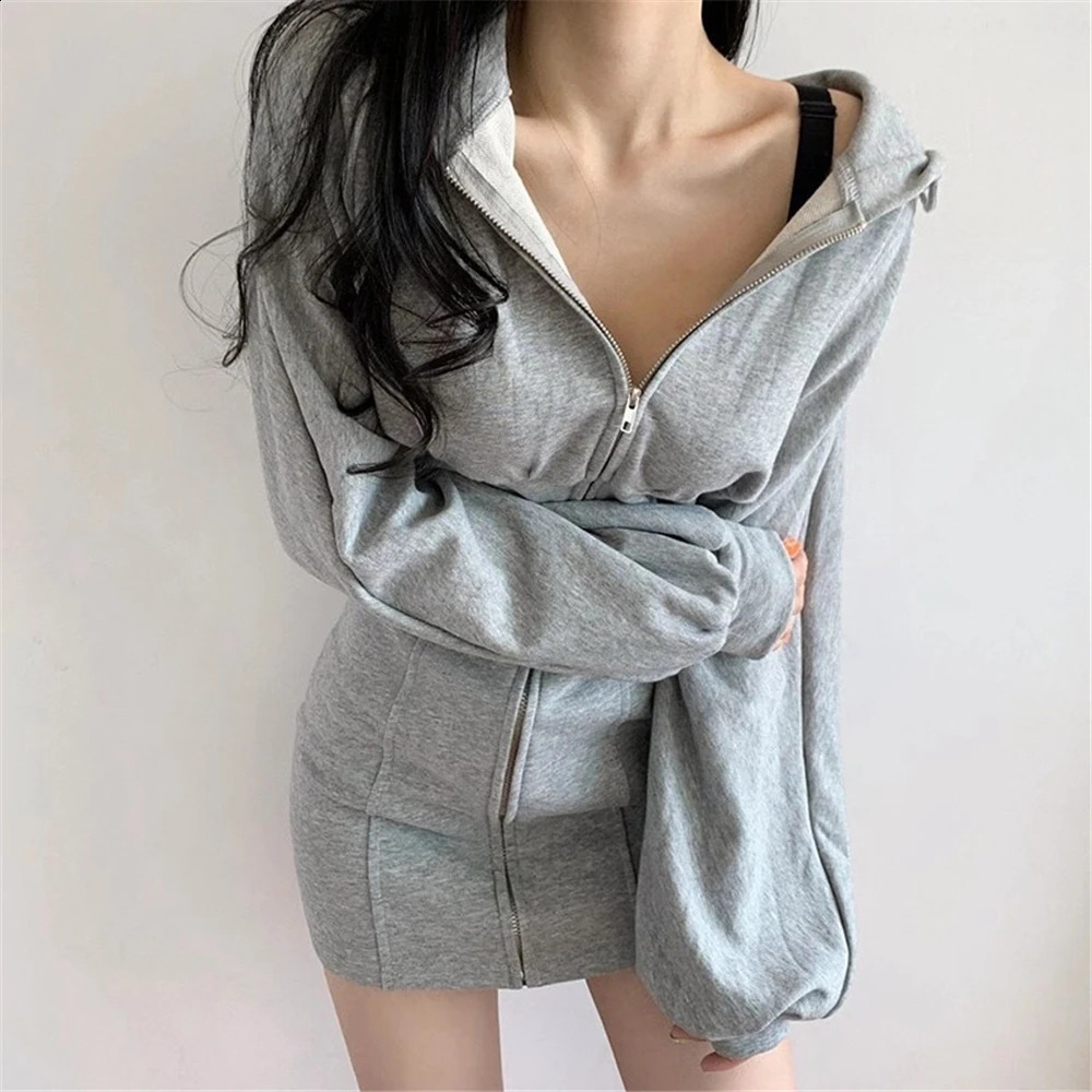 Women Fashion Casual Autumn Winter Warm High Waist Long Sleeve Tummy Control Hooded Side Pockets Front Zipper Dress Grey 240823