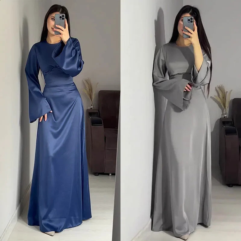 Women Satin Long Dresses Sexy Lace Up Slim Evening Dresses Simple Round Neck Flare Sleeve Birthday Party Dresses For Women 240823