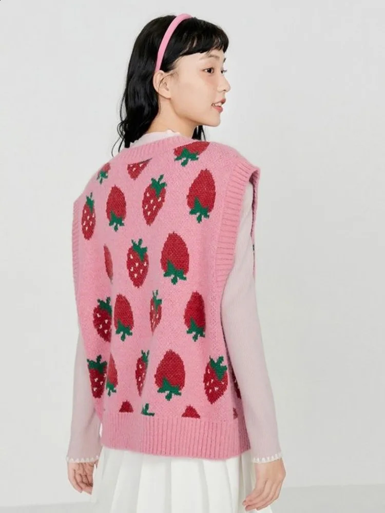 Sweater Vests Women Pink Knitwear Strawberry-print Harajuku Sweet All-match Chic Soft Casual Classic Simple Streetwear 240823