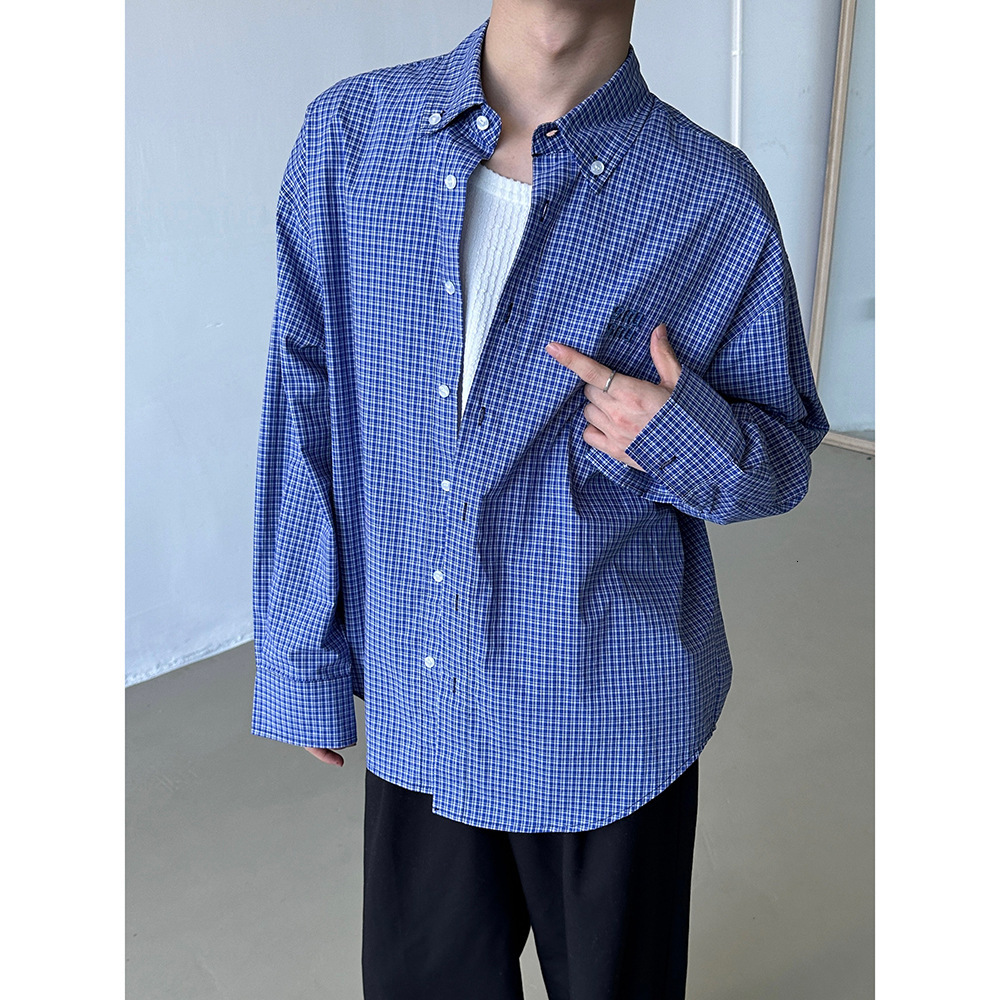 American Lazy Loose Blue Checkered Short Sleeved Shirt for Men New Versatile Casual Embroidered Shirt Trend