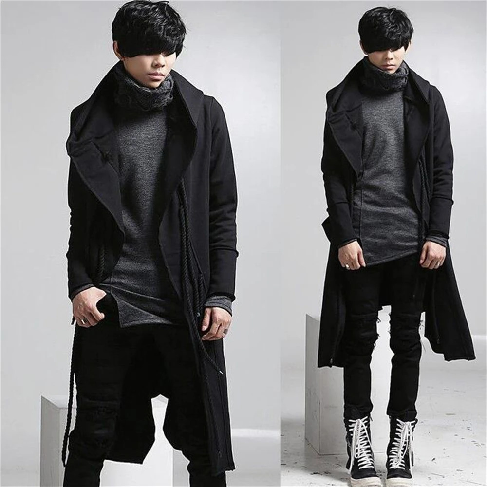 Autumn Trench Men Punk Coats Hip Hop Outerwear Slim Fit Long Coat Hooded Cloak Cardigan Mens Linen Rope n Gothic Jackets 240822