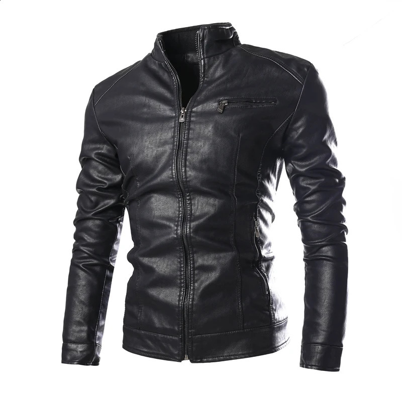 Fashion Mens Solid Color Leather Jacket High-quality PU leather stand-collar slim jacket Brown black 240822