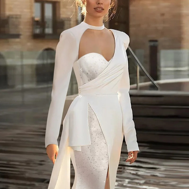 Sexy Side Slit Long Sleeve Sequined Waist-fitted Slimming Dress For Women Socialite Style Evening Dress 240823