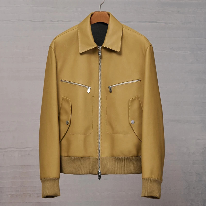 Mens Sheepskin Jacket - High-Quality Custom Yellow Genuine Leather Coat Fashionable and Handsome English Style 240822