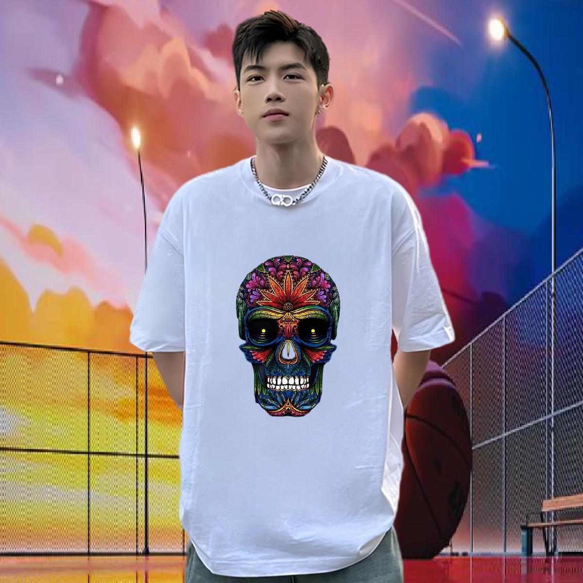 Classic T-Shirts 230g Cotton skull Casual Daily Wear Custom Cartoon Breathable Crew Neck Mens Tshirts 2024 DIY Tee Shirt