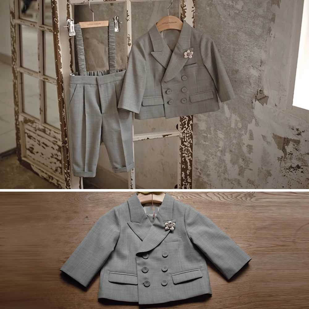 Khaki boys set wedding evening dress childrens jacket set baby jacket 3-piece set 1-4 years old custom clothing birthday baptism dress W240823