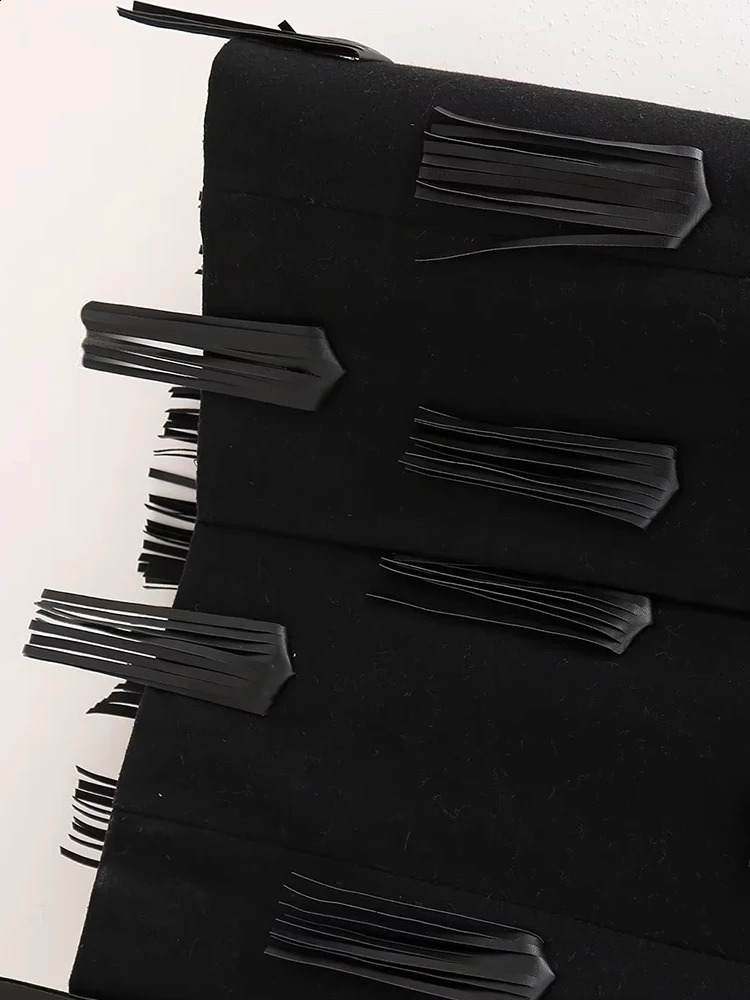 EAM Black Spliced Leather Tassel Woolen Coat Loose Fit Lapel Long Sleeve Women Jacket Fashion Autumn Winter 30A0008 240822