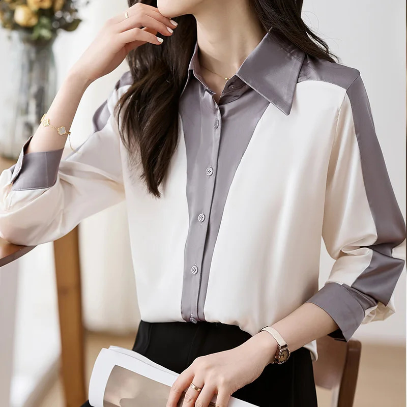 Women Clothing Spring Tops Long Sleeve Patchwork Chiffon Shirts Chic Contrast Office Korean Fashion Casual Blouse Female 240823