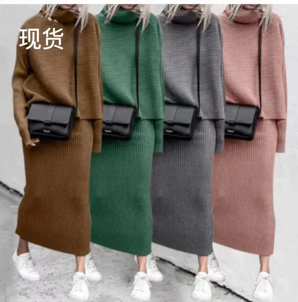Two Piece Skirt Sets Knit Sweaters Spliced Full Sleeve Turtleneck Long Skirts Suits A Line Matching Set Solid Loose Fit Sports 240823
