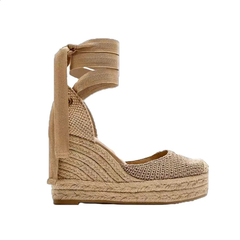 2024 Summer Thick-soled Linen-grass Shoes Woven Hollow Strap Wedge High Heeled Sandals For Women 240819