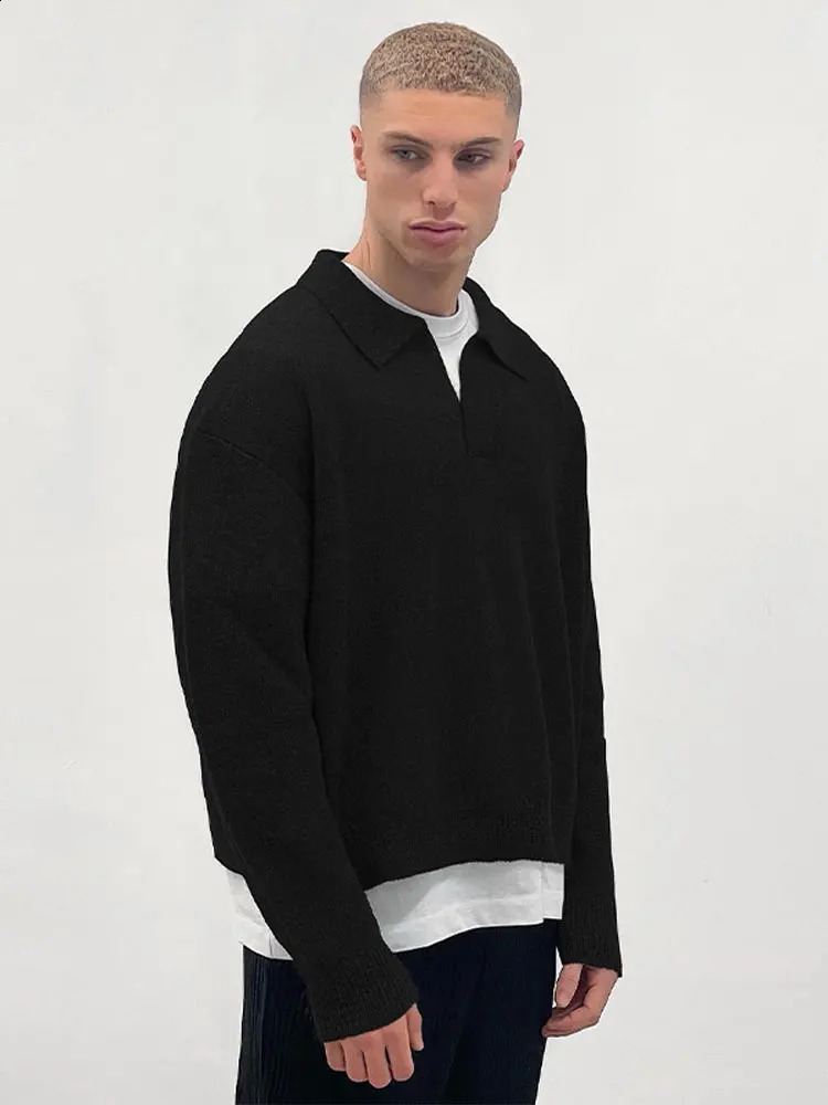 Fashionable solid mens polo knitted sweater autumn oversized lapel top casual street thin pull jumper 240822