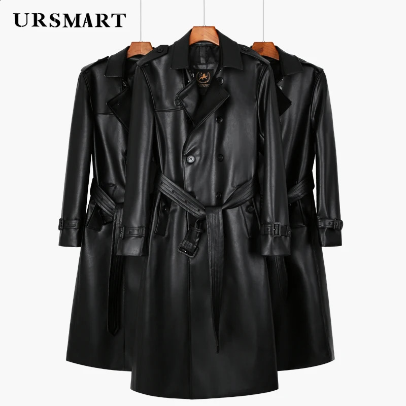 mens leather trench coat long knee length double breasted classic british fashion jacket thickened down vest leather windbre 240822