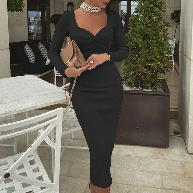 Long Sleeve Midi Dress Square Collar High Waist Solid Color Sexy Dress Women Fashion Casual Bag Arm Bodycon Sheath Dress 240823